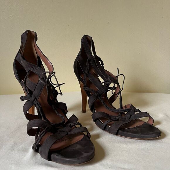 Sigerson‎ Morrison Strappy Lace Up Stiletto Heels Size 10 Dark Brown Suede - Picture 8 of 10